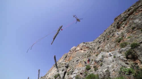Monemvasia castle : Rockfall barrier installation with helicopter.